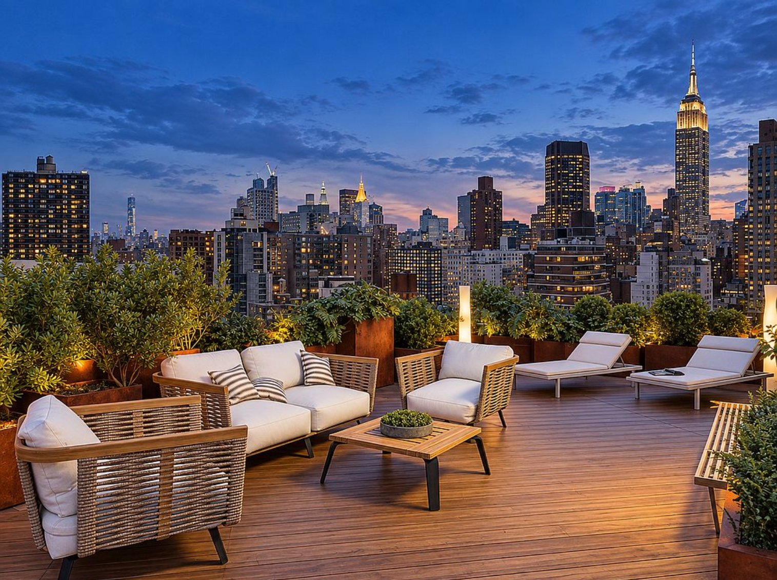NYC rooftop at dusk with a view of the skyline